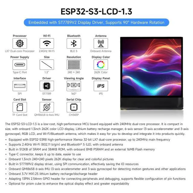Alt view image 3 of 5 - Waveshare ESP32-S3 1.3inch Display Dev Board, 240x240 Pixels, ST7789V2 Driver, 6-axis IMU, 262K Colors, SPI Comm, 90 Hardware Rotation Support, with Plastic Case, with Plastic Case and Prism Cube