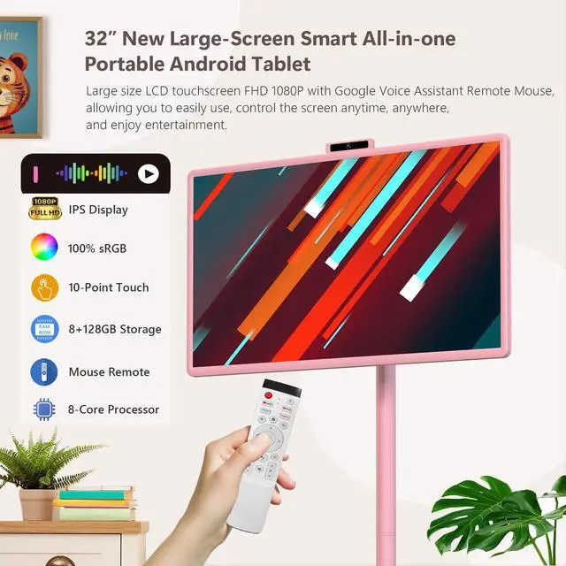 Alt view image 2 of 5 - OFD 32" Portable TV on Wheels FHD,Android 15,EDLA-Certified,Rolling TV with 8+128GB ROM,Portable Touch Screen Monitor,Built-in Battery 6-8H Play Time,Voice Remote Control,8MP Webcam,Speaker,Rotatable