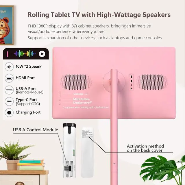 Alt view image 4 of 5 - OFD 32" Portable TV on Wheels FHD,Android 15,EDLA-Certified,Rolling TV with 8+128GB ROM,Portable Touch Screen Monitor,Built-in Battery 6-8H Play Time,Voice Remote Control,8MP Webcam,Speaker,Rotatable