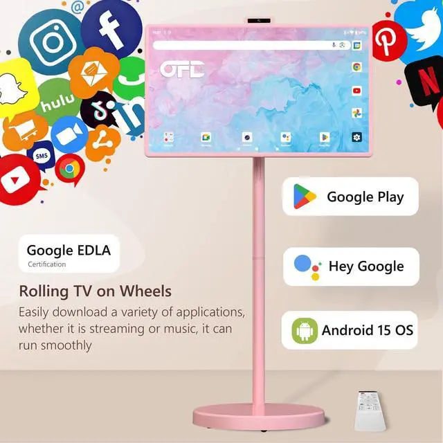 Alt view image 5 of 5 - OFD 32" Portable TV on Wheels FHD,Android 15,EDLA-Certified,Rolling TV with 8+128GB ROM,Portable Touch Screen Monitor,Built-in Battery 6-8H Play Time,Voice Remote Control,8MP Webcam,Speaker,Rotatable