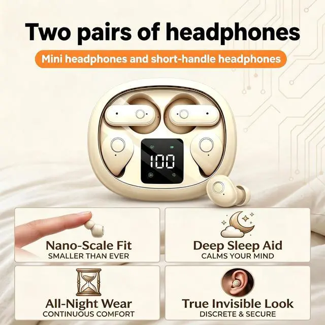 Alt view image 2 of 5 - NVXMANIYK Wireless Headse,Tiny Size Invisible Earbud,Bluetooth 5.4 HiFi Stereo Headphones with LED Digital Invisible Mini Two Bluetooth Headphones Design,for Sleep/Office/Sports (Khaki)