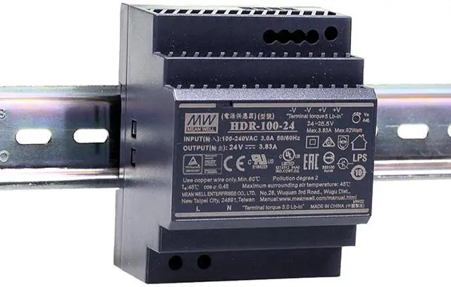 Main image of HDR-100-24: Robust 24V DIN Rail Power Supply for Industrial Automation - 92W, 3.83A, Wide-Range Input, Extended Temperature, UL/IEC Certified
