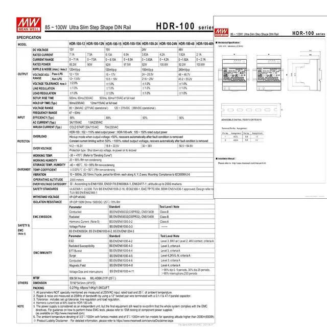 Alt view image 4 of 5 - HDR-100-24: Robust 24V DIN Rail Power Supply for Industrial Automation - 92W, 3.83A, Wide-Range Input, Extended Temperature, UL/IEC Certified