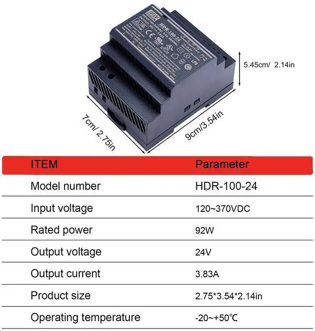 Alt view image 3 of 5 - HDR-100-24: Robust 24V DIN Rail Power Supply for Industrial Automation - 92W, 3.83A, Wide-Range Input, Extended Temperature, UL/IEC Certified