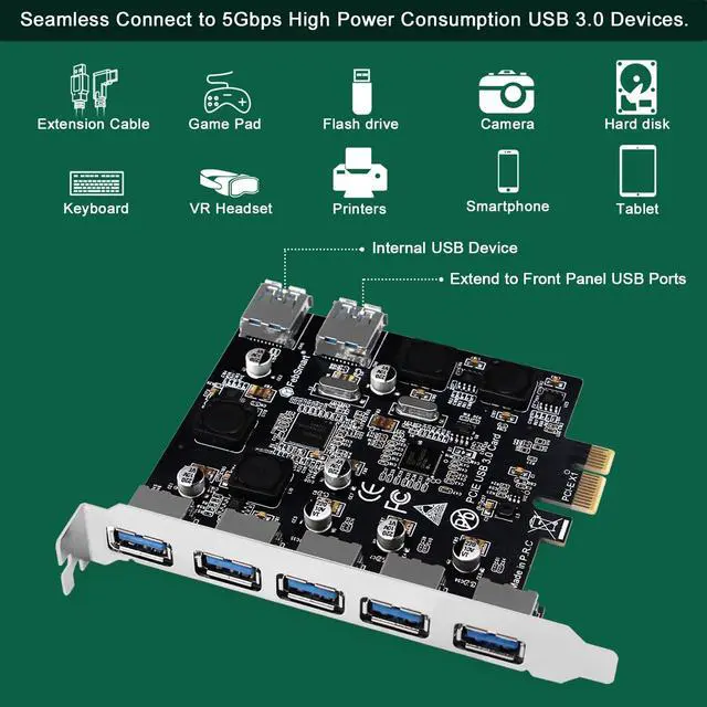 Alt view image 4 of 5 - 7-Ports Superspeed 5Gbps PCIE USB 3.0 Expansion Card for Windows 11, 10, 8.x, 7, Vista, XP Desktop PCs, Built in FebSmart Self-Powered Technology, No Need Additional Power Supply (FS-U7-Pro)