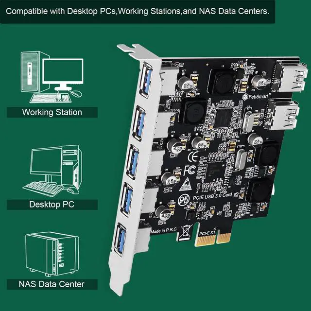 Alt view image 5 of 5 - 7-Ports Superspeed 5Gbps PCIE USB 3.0 Expansion Card for Windows 11, 10, 8.x, 7, Vista, XP Desktop PCs, Built in FebSmart Self-Powered Technology, No Need Additional Power Supply (FS-U7-Pro)