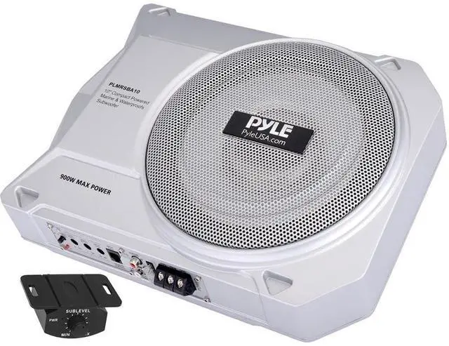 Main image of Pyle 10-Inch Low-Profile Amplified Subwoofer System - 900 Watt Compact Enclosed Active Marine Underseat Car Subwoofer with Built In Amp, Powered Car Subwoofer w/ Low & High Level Inputs