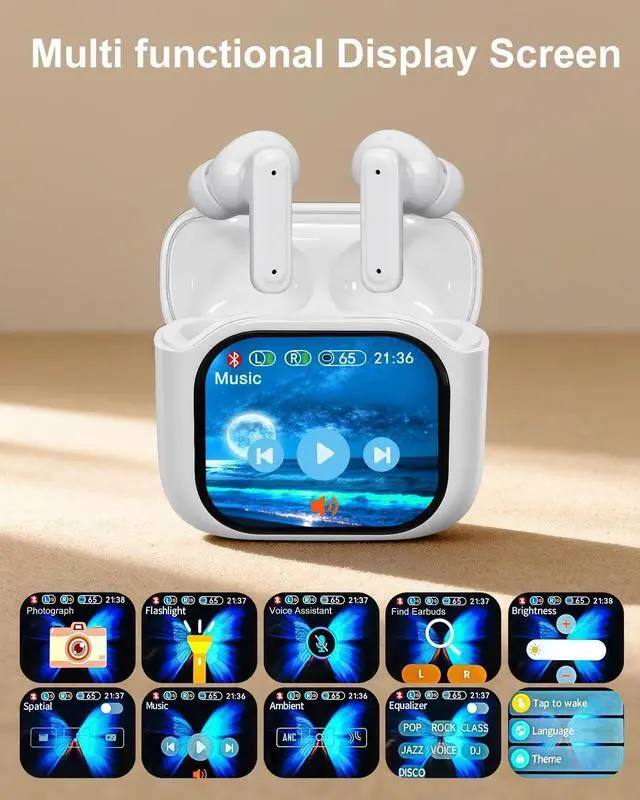 Alt view image 2 of 5 - Handzee Smart Earphones with Touchscreen, Touch Screen Earbuds, Wireless Headphones Bluetooth 5.4, Touch Buds with LED Screen, ANC/ENC Noise Cancelling, 48H Playtime, for Work, Sport (White)