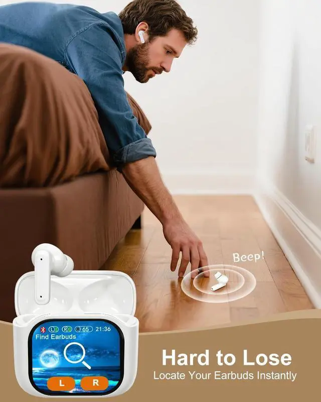 Alt view image 3 of 5 - Handzee Smart Earphones with Touchscreen, Touch Screen Earbuds, Wireless Headphones Bluetooth 5.4, Touch Buds with LED Screen, ANC/ENC Noise Cancelling, 48H Playtime, for Work, Sport (White)