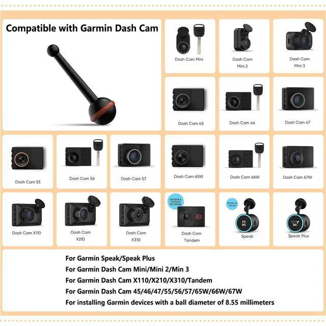 Alt view image 2 of 5 - for Garmin Dash Cam Mount,Compatible with Garmin Mini/Mini 2/Mini 3/45/46/47/55/56/57/65W/66W/67W/Tandem/ X110/X210/X310 etc Dash Cam,Aluminum Rearview Mirror Bracket Kit (8.55mm Ball Heads)