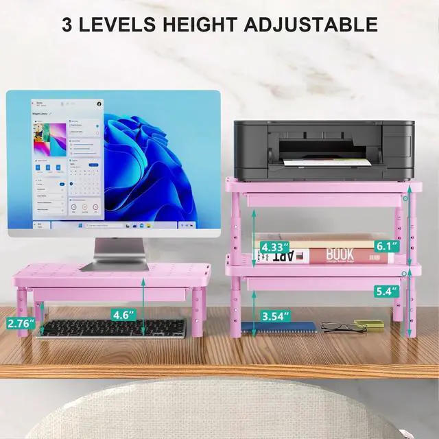 Alt view image 2 of 5 - WALI Computer Monitor Stand with Storage, Desk Monitor Riser 3 Height Adjustable, Laptop Riser with Airflow Vents, Desk Organizer for Computer, Laptop, Printer (PTT002-P), 1 Pack, Pink