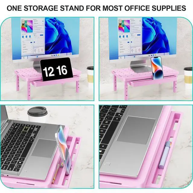 Alt view image 3 of 5 - WALI Computer Monitor Stand with Storage, Desk Monitor Riser 3 Height Adjustable, Laptop Riser with Airflow Vents, Desk Organizer for Computer, Laptop, Printer (PTT002-P), 1 Pack, Pink