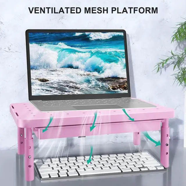 Alt view image 4 of 5 - WALI Computer Monitor Stand with Storage, Desk Monitor Riser 3 Height Adjustable, Laptop Riser with Airflow Vents, Desk Organizer for Computer, Laptop, Printer (PTT002-P), 1 Pack, Pink