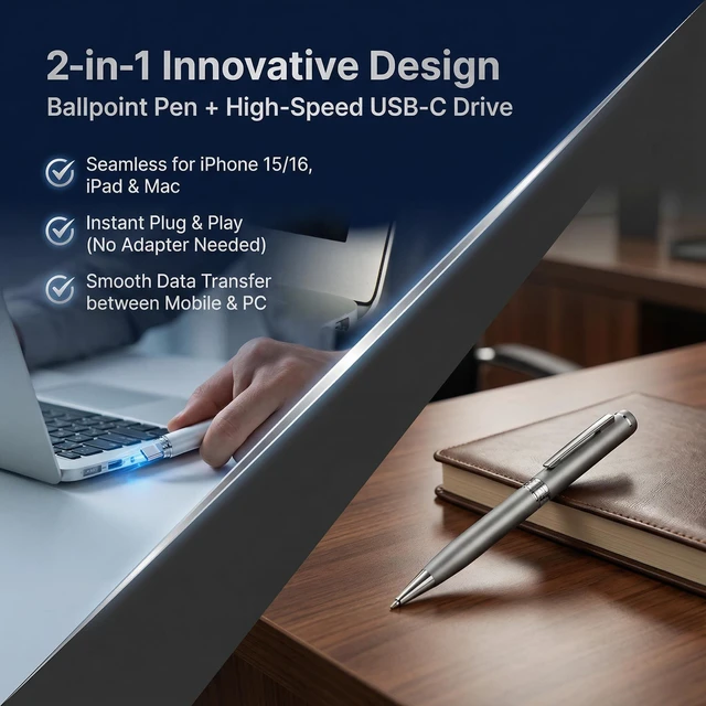 Alt view image 2 of 5 - JiveZync USB-C Storage Ink Pen (64-512GB), 2-in-1 Flash Drive & Writing Pen w/ 4 Refills & USB-A to C Adapter, Compatible with iPhone/Laptop/Tablet (Office/School/Gift) (Rose red, 128.0, GB)