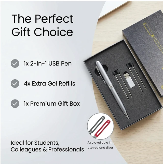 Alt view image 5 of 5 - JiveZync USB-C Storage Ink Pen (64-512GB), 2-in-1 Flash Drive & Writing Pen w/ 4 Refills & USB-A to C Adapter, Compatible with iPhone/Laptop/Tablet (Office/School/Gift) (Rose red, 128.0, GB)