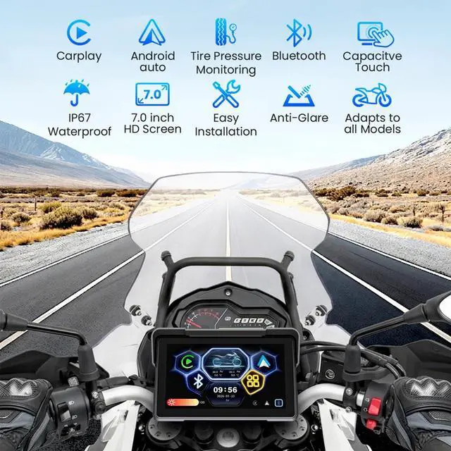 Alt view image 2 of 5 - 7 Inch Portable Screen Wireless Motorcycle Carplay GPS Navigation System with A-pple Carplay and Android Auto,Bluetooth, Siri, Google Assistant, TPMS, Voice Control/ IP67K Waterproof Touchscree