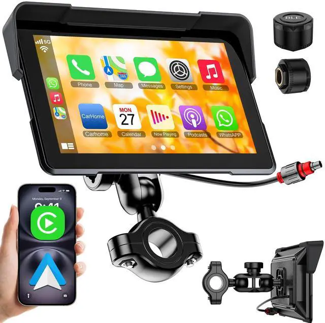 Main image of 7 Inch Portable Screen Wireless Motorcycle Carplay GPS Navigation System with A-pple Carplay and Android Auto,Bluetooth, Siri, Google Assistant, TPMS, Voice Control/ IP67K Waterproof Touchscree