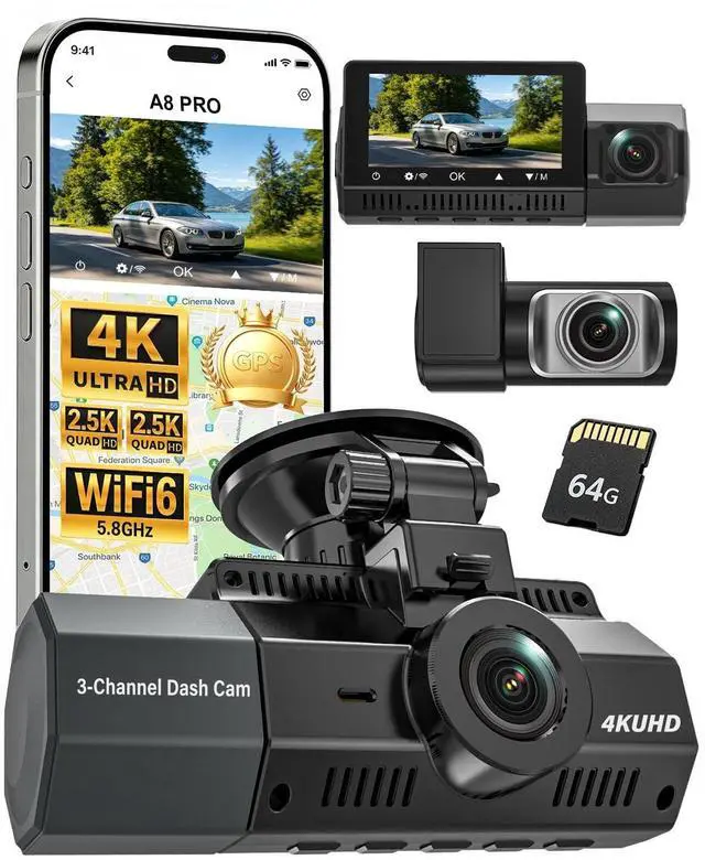 Main image of Eivikga 4K+2.5K+2.5K Dash Cam, STARVIS 2 Dash Camera 3-Channel, Free 64GB Card, Dashcam with 5G WiFi GPS, G-Sensor,Loop Recording, HDR, 24H Parking Monitor, Car Dash Cam for Rideshare & Taxi