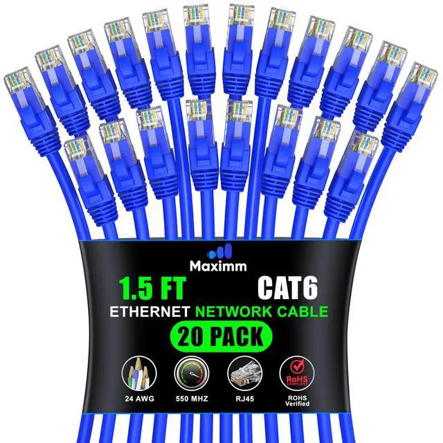 Main image of Maximm Cat6 Ethernet Cable 1.5 Ft Blue (20-Pack), 10Gbps 550MHz UTP Cord