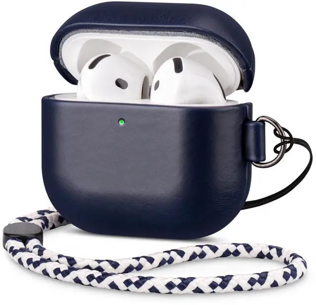 Main image of Maogoam Leather Case for AirPods 4 with D Clip Hand Strap, Genuine Veg-Tanned Leather Cover Compatible with AirPods 4th Gen 2024, Patina Finish, Wireless Charging for Stylish Professionals, Blu