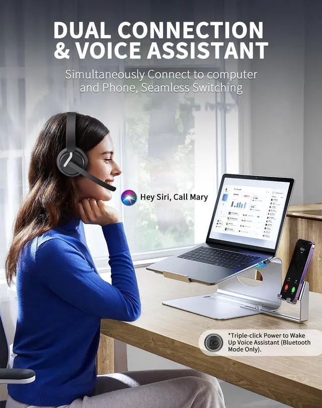 Alt view image 3 of 5 - awatrue Wireless Headset with Mic for Work, Bluetooth Headset with AI Noise Cancelling Mic for Clear Calls, Bluetooth 5.3 & 2.4G Dongle, Computer Headset for Call Center/PC/Zoom