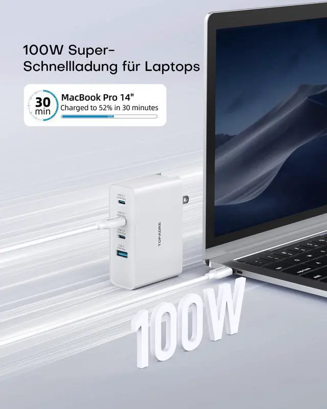 Alt view image 3 of 5 - Topadre 100W USB C Travel Charger, 4-Ports Foldable Travel Adapter Plug Converter with UK/EU/AU Plugs,Fast Charging for Macbook Pro/Air,for iPad Pro/iPhone 16/15 Pro Max, for 45w Samsung Galaxy,
