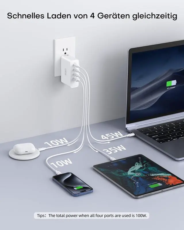 Alt view image 4 of 5 - Topadre 100W USB C Travel Charger, 4-Ports Foldable Travel Adapter Plug Converter with UK/EU/AU Plugs,Fast Charging for Macbook Pro/Air,for iPad Pro/iPhone 16/15 Pro Max, for 45w Samsung Galaxy,