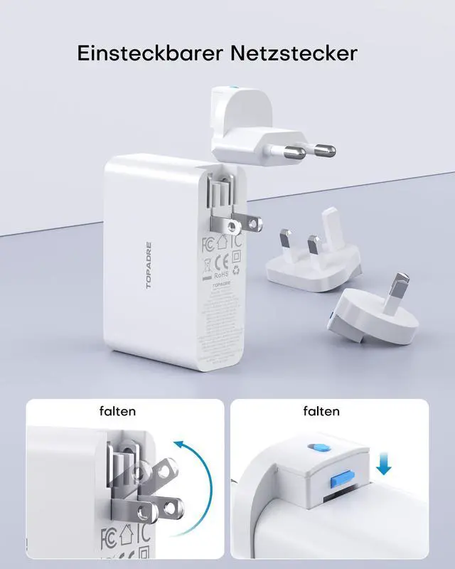 Alt view image 5 of 5 - Topadre 100W USB C Travel Charger, 4-Ports Foldable Travel Adapter Plug Converter with UK/EU/AU Plugs,Fast Charging for Macbook Pro/Air,for iPad Pro/iPhone 16/15 Pro Max, for 45w Samsung Galaxy,
