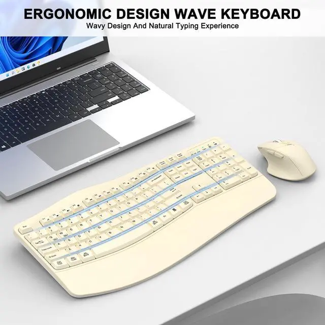 Alt view image 2 of 5 - Wireless Keyboard and Mouse Combo, Ergonomic Wave Keys (Latte)