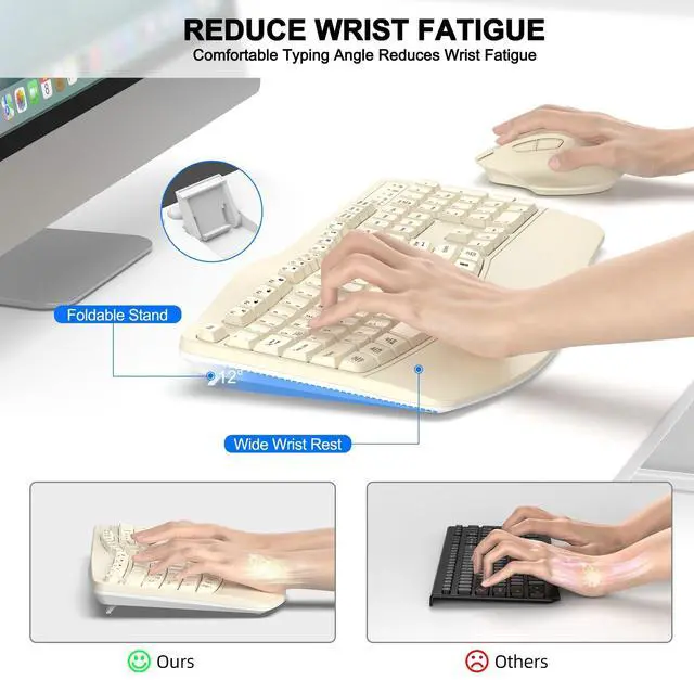Alt view image 3 of 5 - Wireless Keyboard and Mouse Combo, Ergonomic Wave Keys (Latte)