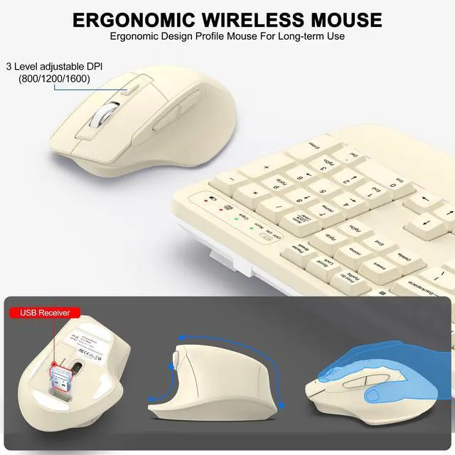 Alt view image 4 of 5 - Wireless Keyboard and Mouse Combo, Ergonomic Wave Keys (Latte)