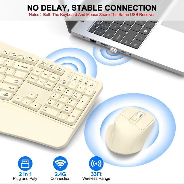 Alt view image 5 of 5 - Wireless Keyboard and Mouse Combo, Ergonomic Wave Keys (Latte)