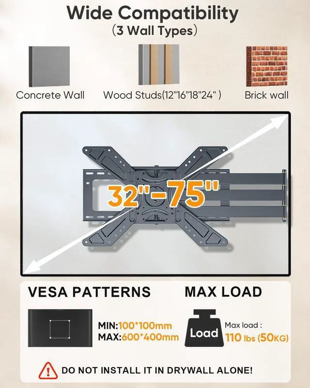 Alt view image 4 of 5 - FORGING MOUNT Long Arm TV Wall Mount with 48.03" Extension for 26''-75'' TVs/Monitor, Corner TV Mount Landscape to Portrait,Full Motion,Swivel,Tilt bracket, Holds 110 lbs,VESA 600x400mm,16"-24'' Studs