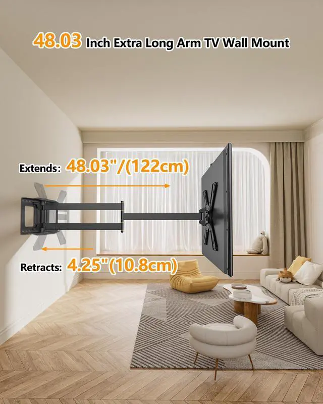 Alt view image 5 of 5 - FORGING MOUNT Long Arm TV Wall Mount with 48.03" Extension for 26''-75'' TVs/Monitor, Corner TV Mount Landscape to Portrait,Full Motion,Swivel,Tilt bracket, Holds 110 lbs,VESA 600x400mm,16"-24'' Studs