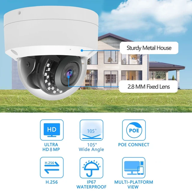 Alt view image 3 of 5 - Real HD 4K 8MP PoE IP Vandal Dome PoE IP Camera Outdoor, 2.8mm Wide Angle 105 Fov, 98Ft Night Vision, H.265, Waterproof IP67, NDAA Compliant