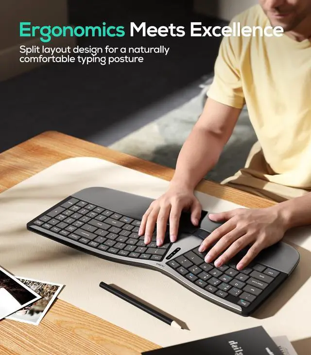 Alt view image 2 of 5 - Nulea RT07B Wireless Ergonomic Keyboard - Split Keyboard, Wrist Rest, Natural Typing, Bluetooth and USB Connectivity, USB-C Rechargeable,Compatible with Windows Mac (Silver White)
