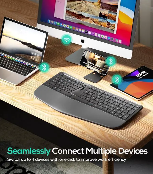 Alt view image 3 of 5 - Nulea RT07B Wireless Ergonomic Keyboard - Split Keyboard, Wrist Rest, Natural Typing, Bluetooth and USB Connectivity, USB-C Rechargeable,Compatible with Windows Mac (Silver White)