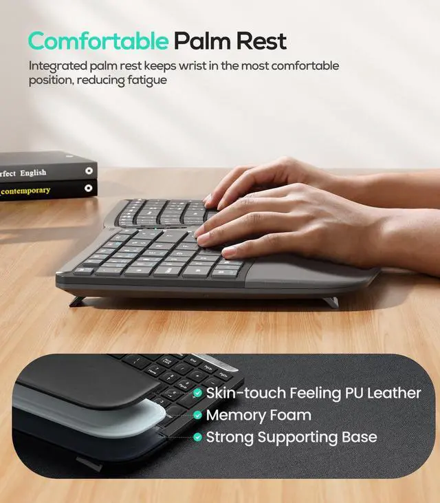 Alt view image 4 of 5 - Nulea RT07B Wireless Ergonomic Keyboard - Split Keyboard, Wrist Rest, Natural Typing, Bluetooth and USB Connectivity, USB-C Rechargeable,Compatible with Windows Mac (Silver White)