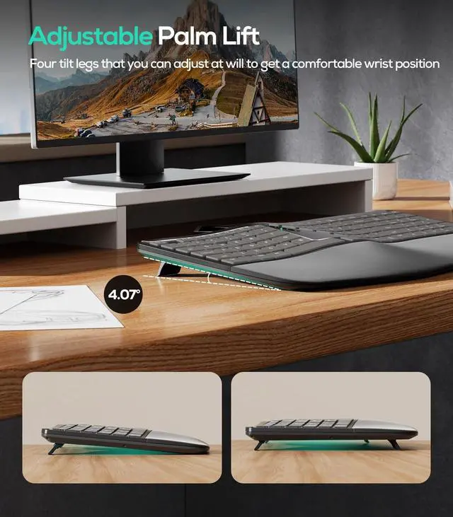 Alt view image 5 of 5 - Nulea RT07B Wireless Ergonomic Keyboard - Split Keyboard, Wrist Rest, Natural Typing, Bluetooth and USB Connectivity, USB-C Rechargeable,Compatible with Windows Mac (Silver White)