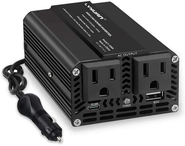 Main image of LVYUAN 500W Power Inverter for Vehicles DC 12V to 110V AC Car Plug Adapter Outlet Converter with PD 20W with USB Fast Charging Ports and 2 AC Outlets Car Charger Adapter