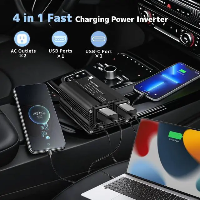 Alt view image 3 of 5 - LVYUAN 500W Power Inverter for Vehicles DC 12V to 110V AC Car Plug Adapter Outlet Converter with PD 20W with USB Fast Charging Ports and 2 AC Outlets Car Charger Adapter