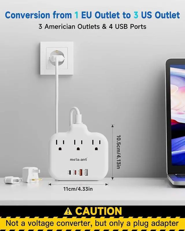 Alt view image 4 of 5 - PD30W European Travel Plug Adapter, International Power Adapter with 3 Outlets 2 USB-C and 2 USB-A Fast Charger, Universal Travel Adapter with 3ft Extension Cord for EU US UK Europe France Spain