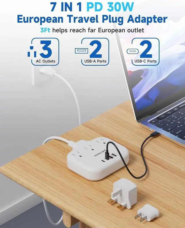 Alt view image 5 of 5 - PD30W European Travel Plug Adapter, International Power Adapter with 3 Outlets 2 USB-C and 2 USB-A Fast Charger, Universal Travel Adapter with 3ft Extension Cord for EU US UK Europe France Spain