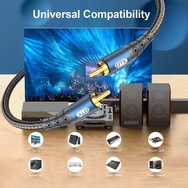 Alt view image 2 of 5 - EMK Subwoofer Cable RCA to RCA Audio Cable 24K Gold-Plated Nylon Braided Double Shielded Digital Analogue Supports Amplifiers,Home Theater,Hi-Fi Systems,Subwoofer(25ft/8m)