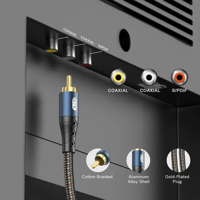Alt view image 3 of 5 - EMK Subwoofer Cable RCA to RCA Audio Cable 24K Gold-Plated Nylon Braided Double Shielded Digital Analogue Supports Amplifiers,Home Theater,Hi-Fi Systems,Subwoofer(25ft/8m)