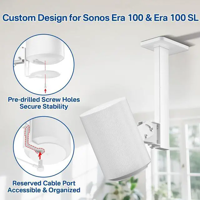 Alt view image 2 of 5 - Yibracki Speaker Mount for Sonos Era 100 and Era 100 SL Ceiling Mount Tilt +15/-30 & Swivel 90 Adjustable for Sonos Era 100 Mounting for Better Sound Included Screw Kits Easy to Install, White