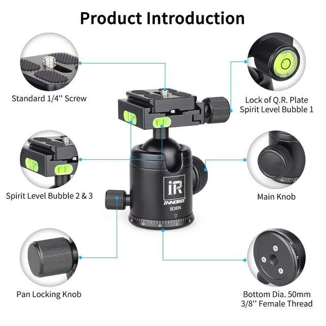 Alt view image 4 of 5 - Tripod Ball Head, Camera Tirpod Ball Head Mount 36MM Diameter Ball INNOREL B36N All Metal CNC Panorama Ballhead 1/4" Screw 3/8" Hole for DSLR Camera Camcorder Tripod Monopod Slider (B36N)