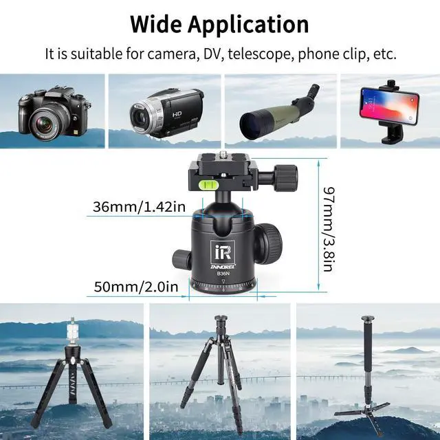 Alt view image 3 of 5 - Tripod Ball Head, Camera Tirpod Ball Head Mount 36MM Diameter Ball INNOREL B36N All Metal CNC Panorama Ballhead 1/4" Screw 3/8" Hole for DSLR Camera Camcorder Tripod Monopod Slider (B36N)