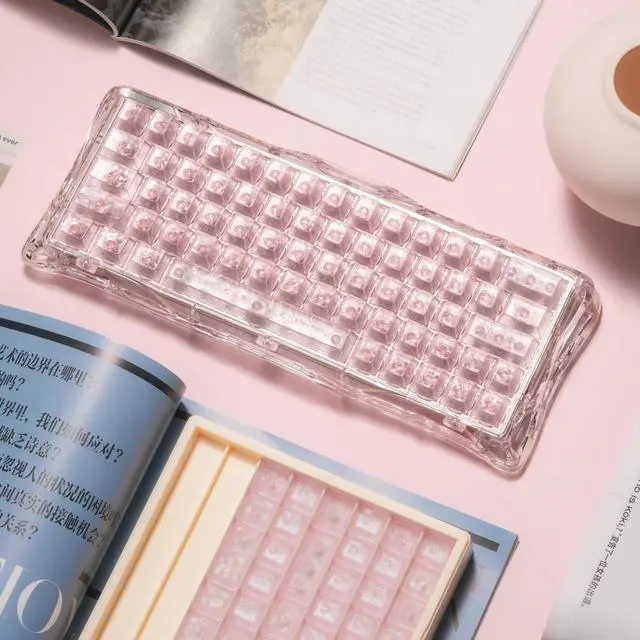 Alt view image 3 of 5 - GEKUCAP Shine Through Keycaps 60 75 100 Percent - Pink Elegant Crystal Keycaps Cherry Profile, Side Printed Jelly Keycaps for Mechanical Keyboards, Full 119 Key Set Ice Crack Pattern