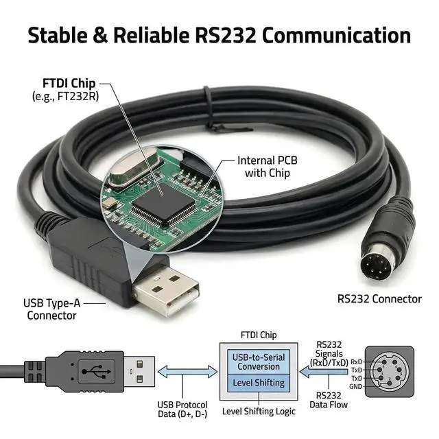 Alt view image 3 of 5 - Pidwaok USB to Mini DIN 8 Pin Cable FT232RL Chip RS232 Serial Adapter 1.8m for Alicat Flow Meters Controllers PC Data Communication